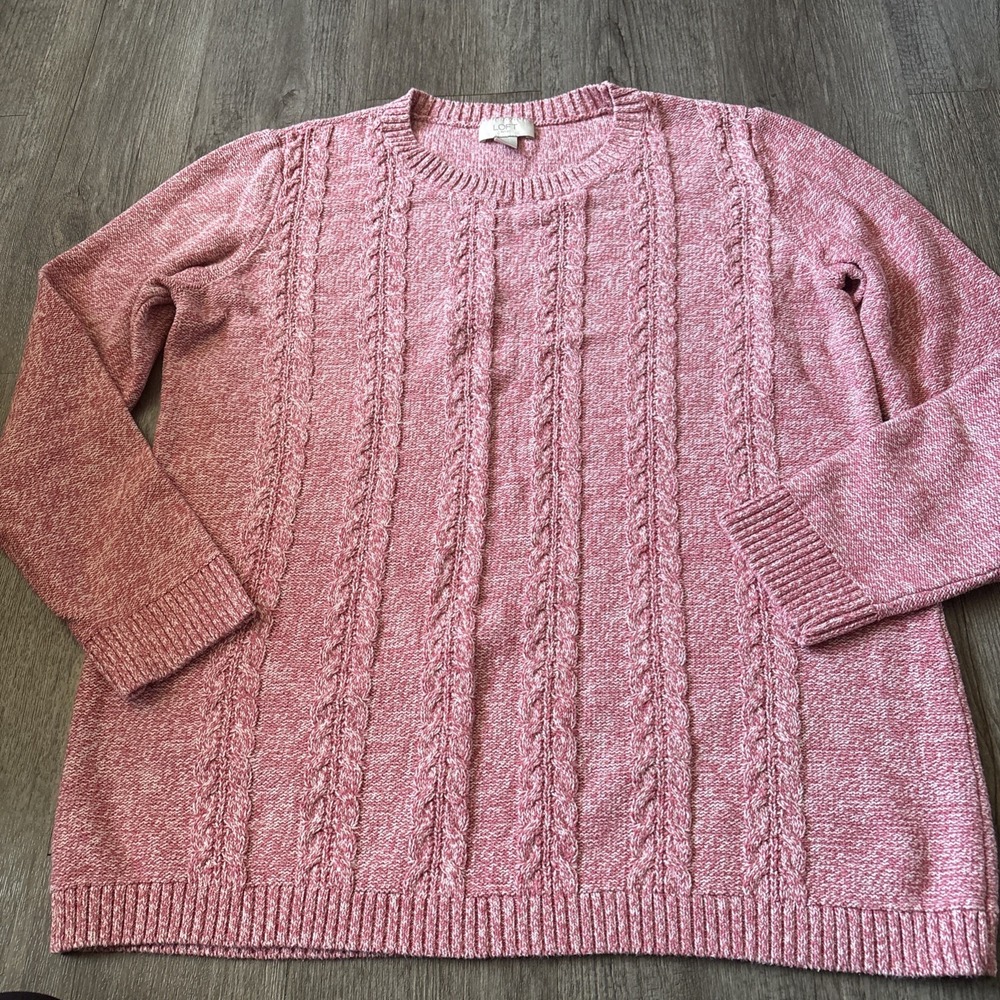 LOFT Women Pink White Cable Knit Pullover Sweater XL